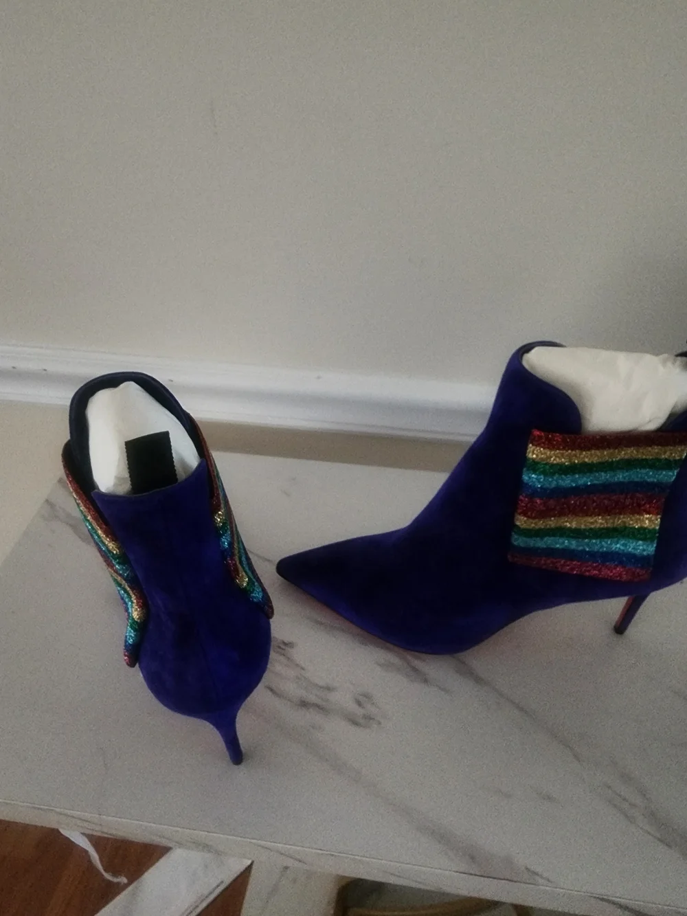 Christian Louboutin Women's Electric Blue Suede Pointed Booties  Rainbow Accent